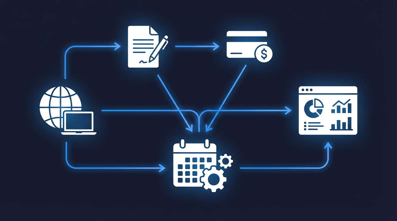 Venue booking system components infographic — online booking, proposals, payments, analytics, calendar